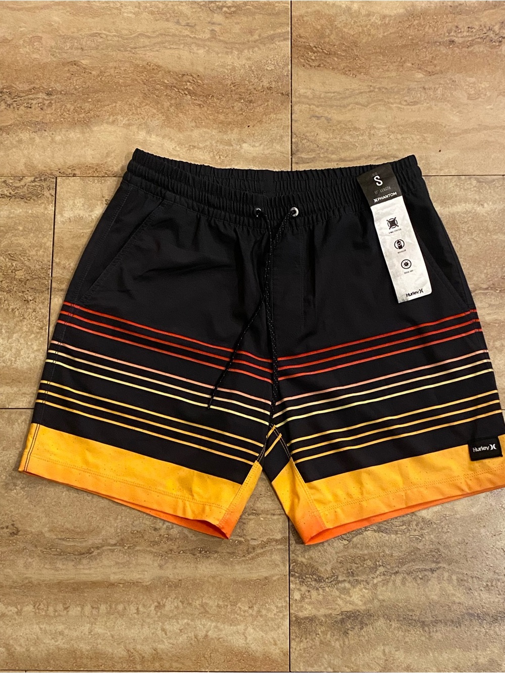 Hurley Men’s Black & Orange Stripe Swim Trunks Board Shorts
